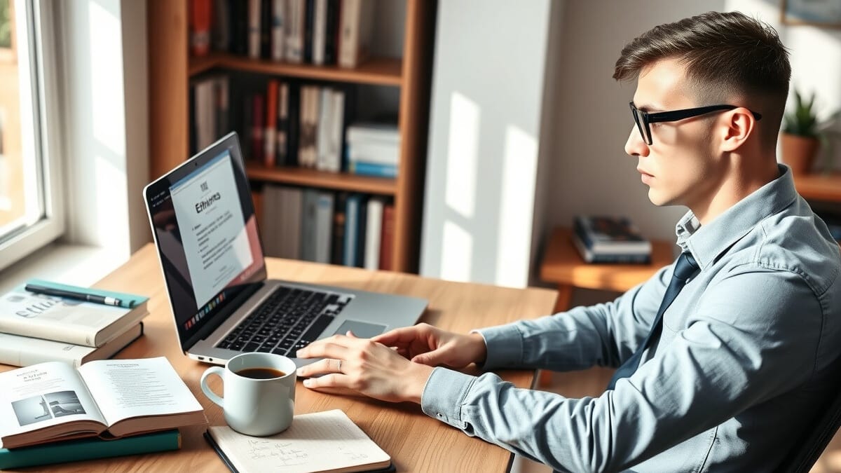 Ein konzentrierter Student in schicker Freizeitkleidung arbeitet an einem aufgeräumten Home-Office-Schreibtisch mit Laptop an einem Online-Ethikkurs, umgeben von Philosophiebüchern, Notizen und einer Kaffeetasse im warm beleuchteten Raum.