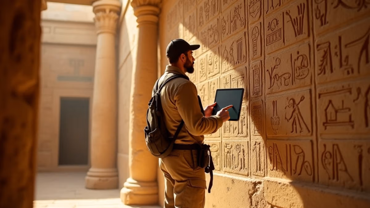Ein professioneller Archäologe in khakifarbener Feldkleidung untersucht bei warmem Sonnenlicht altägyptische Hieroglyphen an einer gut erhaltenen Tempelwand, während moderne Dokumentationswerkzeuge wie Laptop und Digitalkamera seine wissenschaftliche Arbeit unterstützen.
