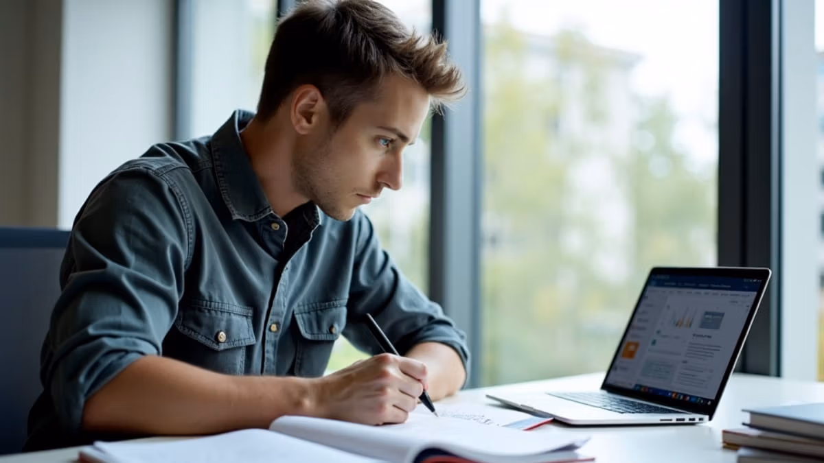 Ein konzentrierter junger Student in legerer Businesskleidung arbeitet an einem modernen Schreibtisch mit Laptop, Lehrbüchern und digitalen Lernmaterialien in einem natürlich beleuchteten Studienumfeld.