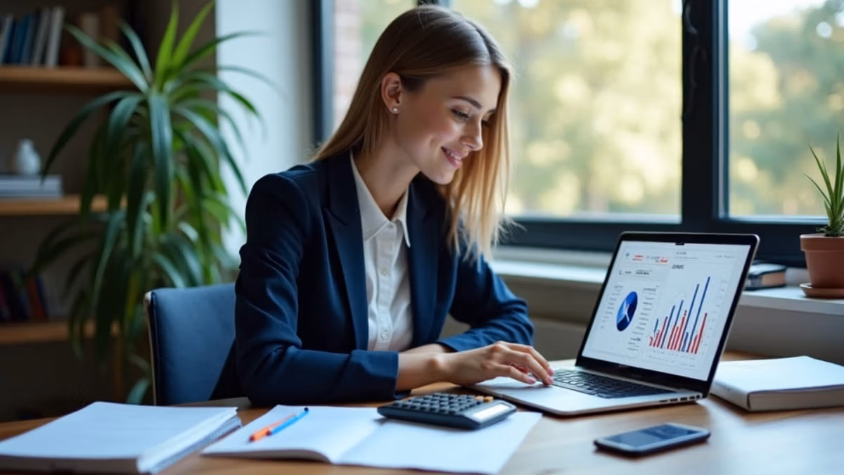 Eine junge Geschäftsfrau in professioneller Kleidung arbeitet konzentriert an ihrem modernen Home-Office-Arbeitsplatz mit Laptop, Finanzbüchern und Taschenrechner, während natürliches Licht durch ein großes Fenster fällt.