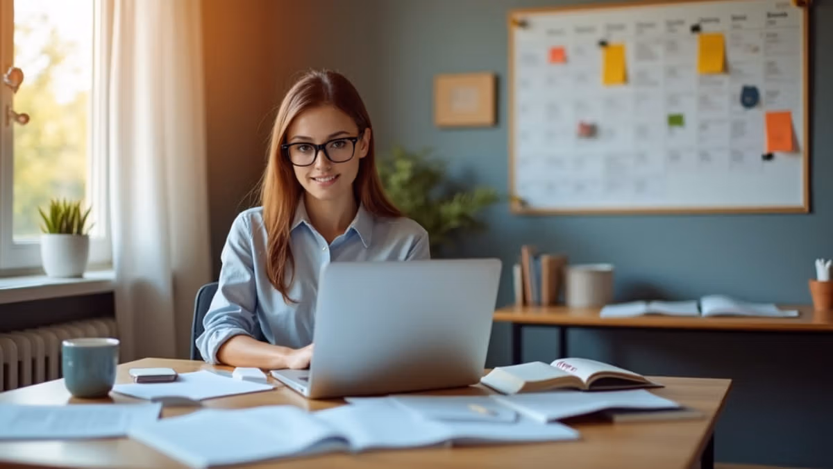 Eine junge Geschäftsfrau im Smart-Casual-Outfit sitzt an einem modern eingerichteten Home-Office-Schreibtisch mit Laptop, Studienmaterialien und Kaffeetasse, während warmes Tageslicht durch ein nahegelegenes Fenster fällt und ein Wandkalender sowie eine Pinnwand im Hintergrund ihre organisierte Arbeitsweise unterstreichen.