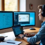 Ein konzentrierter Student sitzt an einem modern eingerichteten Heimbüro-Schreibtisch mit Laptop, Zweitmonitor und organisiertem Studienmaterial während einer Online-Vorlesung bei natürlichem Lichteinfall.