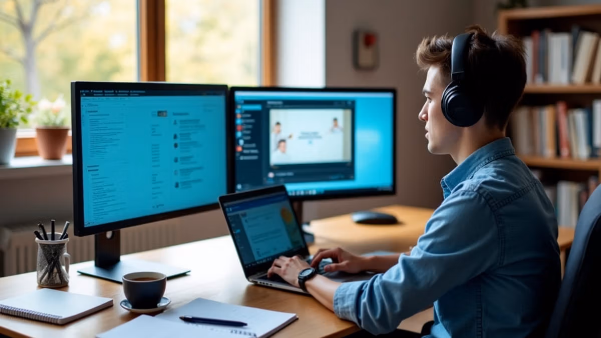 Ein konzentrierter Student sitzt an einem modern eingerichteten Heimbüro-Schreibtisch mit Laptop, Zweitmonitor und organisiertem Studienmaterial während einer Online-Vorlesung bei natürlichem Lichteinfall.