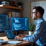 Ein Student im Business-Casual-Outfit sitzt an einem modernen Heimbüro-Schreibtisch mit mehreren Monitoren, die Programmiercode und Business-Analytics-Dashboards anzeigen, während natürliches Licht durch ein Fenster fällt und im Hintergrund ein Bücherregal mit Fachliteratur zu sehen ist.