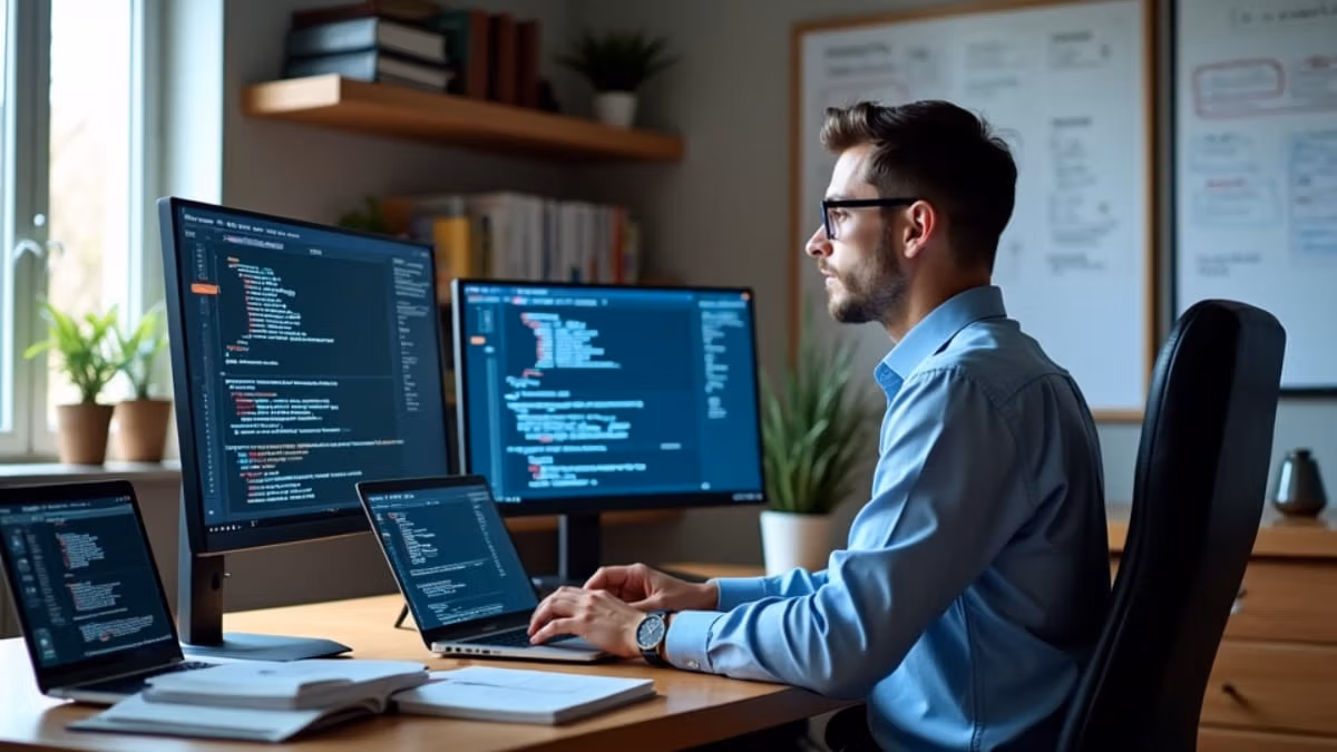 Ein Student im Business-Casual-Outfit sitzt an einem modernen Heimbüro-Schreibtisch mit mehreren Monitoren, die Programmiercode und Business-Analytics-Dashboards anzeigen, während natürliches Licht durch ein Fenster fällt und im Hintergrund ein Bücherregal mit Fachliteratur zu sehen ist.