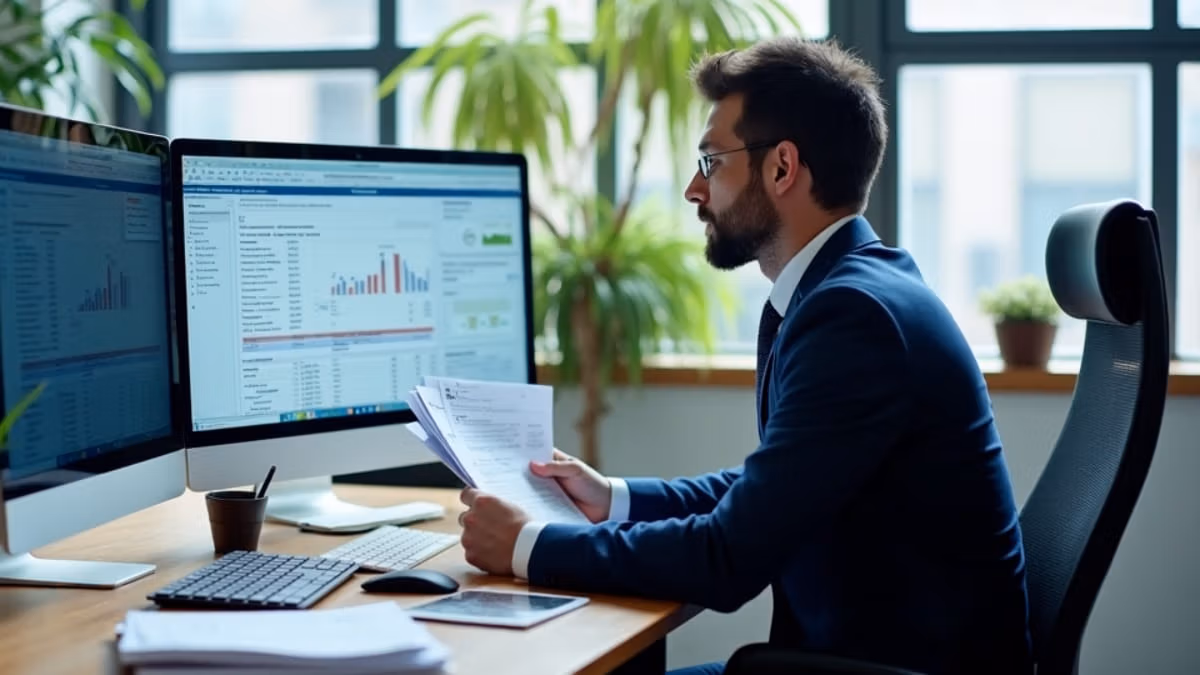 Ein professioneller Steuerberater in Business-Kleidung analysiert konzentriert Finanzdokumente an einem modernen Schreibtisch mit Doppelbildschirm-Setup, umgeben von organisierten Unterlagen, Taschenrechner und Laptop in einem lichtdurchfluteten Büro.