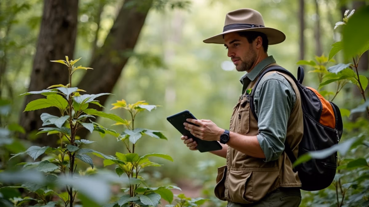Ein professioneller Umweltwissenschaftler in Khaki-Feldausrüstung dokumentiert Pflanzenproben mittels Tablet im üppigen Waldgebiet, umgeben von wissenschaftlichen Sammelpräparaten und Forschungsausrüstung unter natürlichem Kronendachlicht.