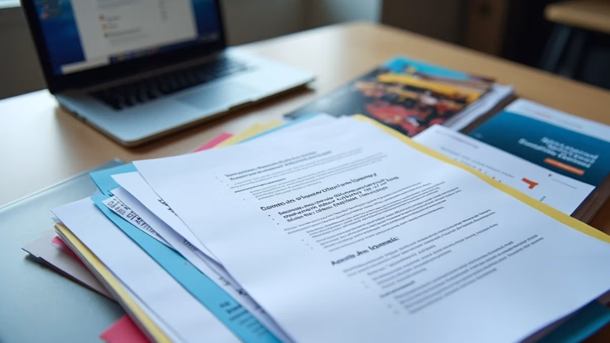 Ordentlich arrangierte Universitätsbewerbungsunterlagen mit Bachelor- und Masteranforderungen, Zulassungskriterien und Hochschulbroschüren liegen neben einem Laptop mit Bewerbungsportal auf einem modernen Schreibtisch bei natürlichem Tageslicht.