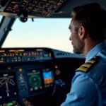 Ein konzentrierter Verkehrspilot in marinefarbener Kapitänsuniform überwacht im natürlich beleuchteten Cockpit eines modernen Verkehrsflugzeugs die digitalen Fluginstrumente und Displays während des Fluges.