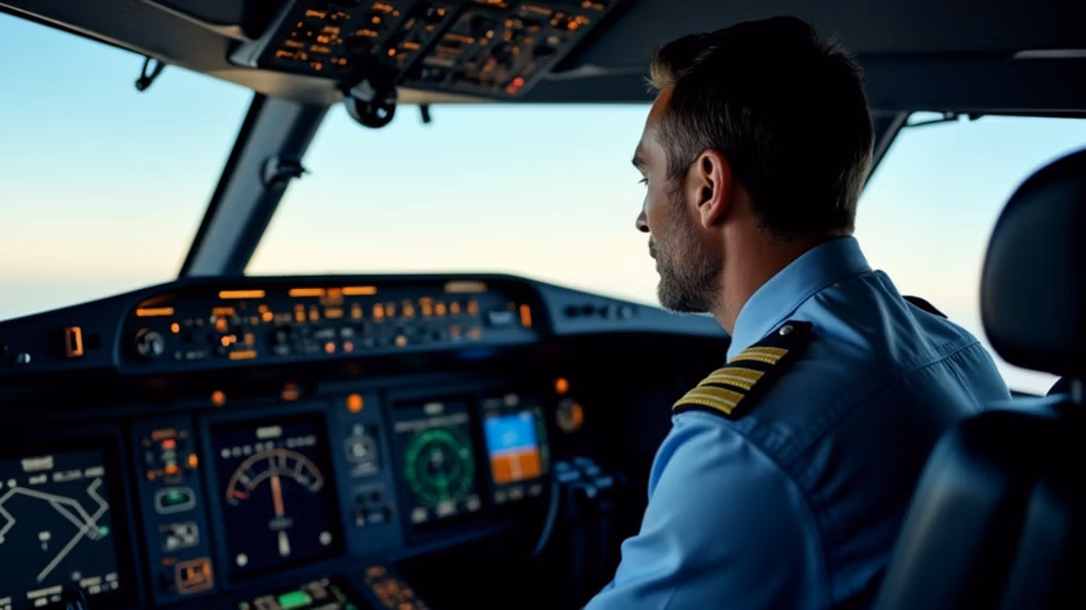 Ein konzentrierter Verkehrspilot in marinefarbener Kapitänsuniform überwacht im natürlich beleuchteten Cockpit eines modernen Verkehrsflugzeugs die digitalen Fluginstrumente und Displays während des Fluges.