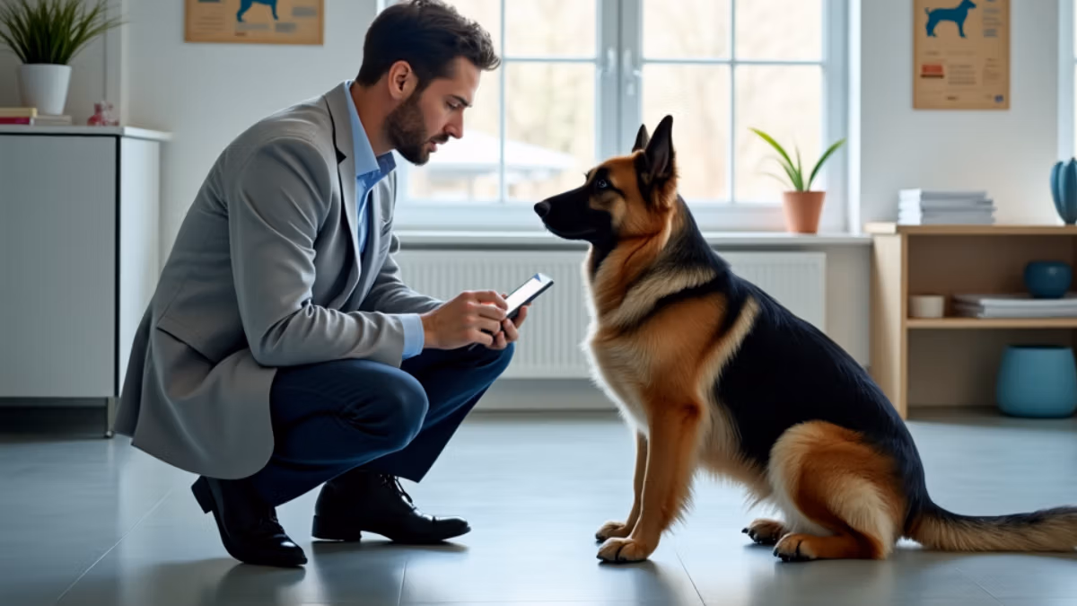 Eine professionelle Hundeverhaltenstherapeutin in Business-Casual-Kleidung kniet mit einem Tablet neben einem Deutschen Schäferhund in einer modern ausgestatteten Verhaltensberatungspraxis mit Schulungspostern und Trainingsgeräten.