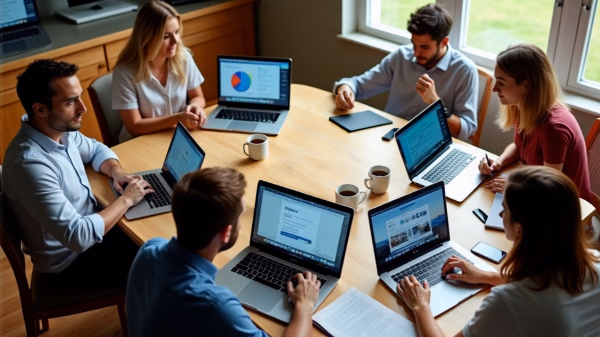 Diverse Gruppe von Studenten beim Online-Lernen an individuellen Arbeitsplätzen mit Laptops, digitalen Lehrmaterialien und Lernzubehör in natürlich beleuchteten Heimumgebungen aus der Vogelperspektive fotografiert.