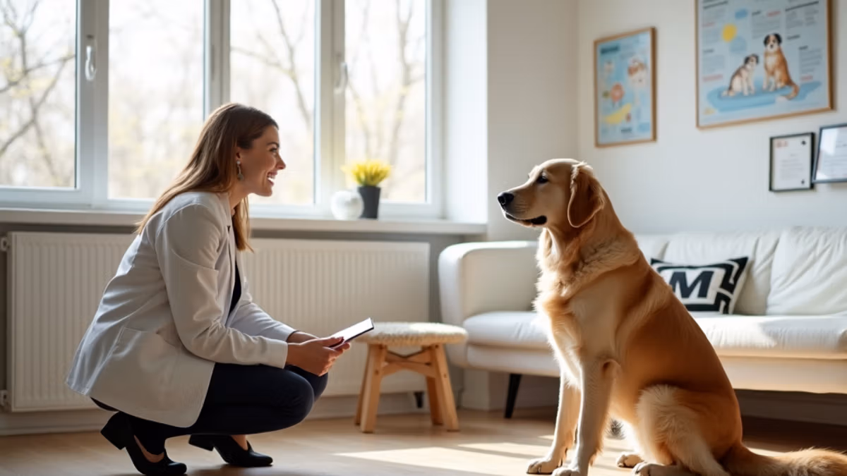 Eine professionelle Tierpsychologin mittleren Alters in eleganter Freizeitkleidung kniet neben einem ruhigen Golden Retriever in einem hellen, modernen Behandlungsraum und macht Notizen auf einem Tablet.
