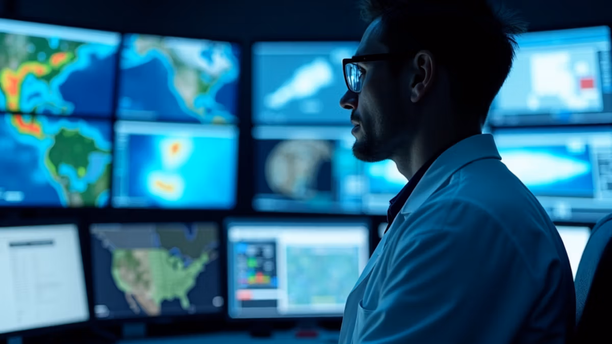 Ein professioneller Meteorologe im weißen Laborkittel analysiert hochmoderne Wetterüberwachungsbildschirme und Radaranzeigen in einem technisch fortschrittlichen Kontrollraum, der vom bläulichen Schein der Monitore beleuchtet wird.
