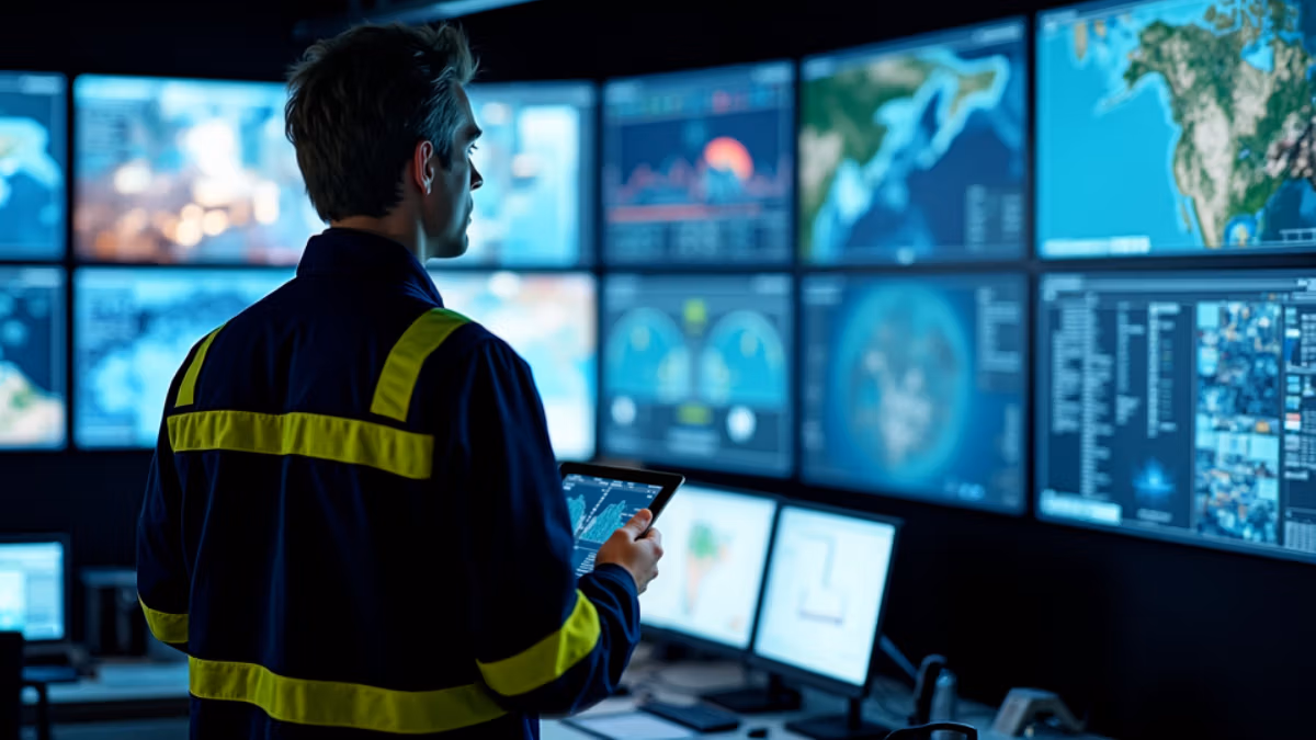 Ein professioneller Notfallkoordinator in marineblauer Schutzausrüstung analysiert Katastrophensimulationen und Wetterdaten auf mehreren digitalen Großbildschirmen in einem hochmodernen Einsatzleitzentrum.