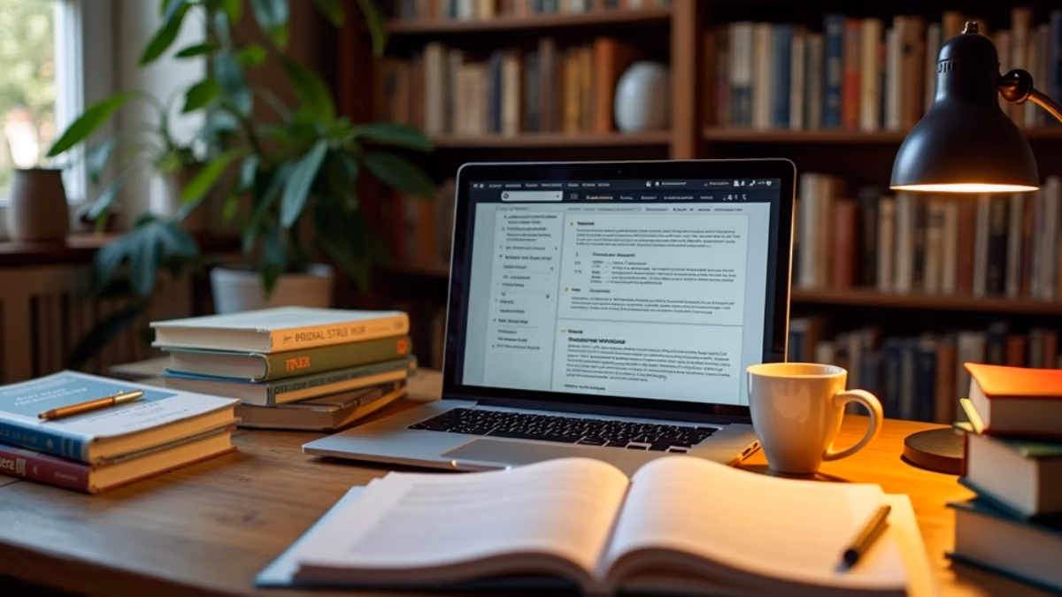 Ein modern eingerichteter Heimarbeitsplatz mit aufgeklapptem Laptop, der eine virtuelle Deutschliteratur-Seminarsitzung zeigt, umgeben von Fachliteratur, handschriftlichen Notizen, einer Schreibtischlampe und einer Kaffeetasse vor einem gemütlichen Bücherregal im Hintergrund.