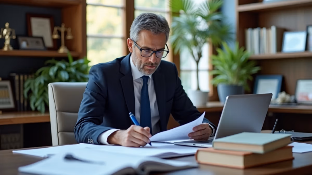 Eine professionelle Rechtspsychologin in eleganter Geschäftskleidung sitzt an einem modernen Schreibtisch mit Laptop, Fachbüchern und Fallakten, während im Hintergrund Diplome und Zertifikate an der Wand zu sehen sind.
