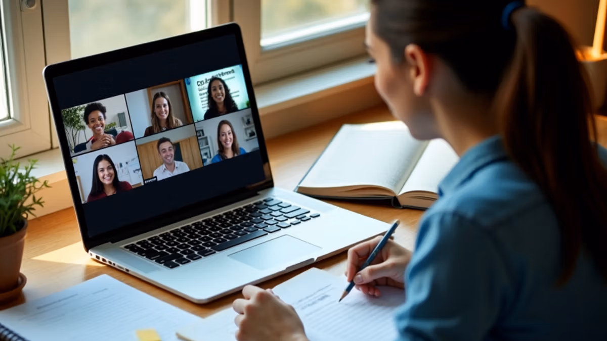 Ein Student nimmt in einem sonnendurchfluteten Homeoffice mit ordentlich arrangierten Studienmaterialien und Kulturtheorie-Lehrbüchern an einer Videokonferenz für Kulturwissenschaften teil.