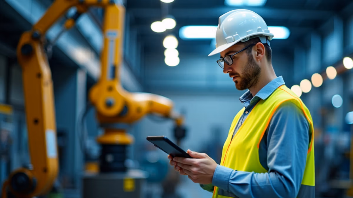 Ein konzentrierter Sicherheitsingenieur in weißem Schutzhelm und Warnweste untersucht mit einem digitalen Tablet einen industriellen Fertigungsroboter in einer modernen Fabrikumgebung mit Sicherheitsbeschilderung.