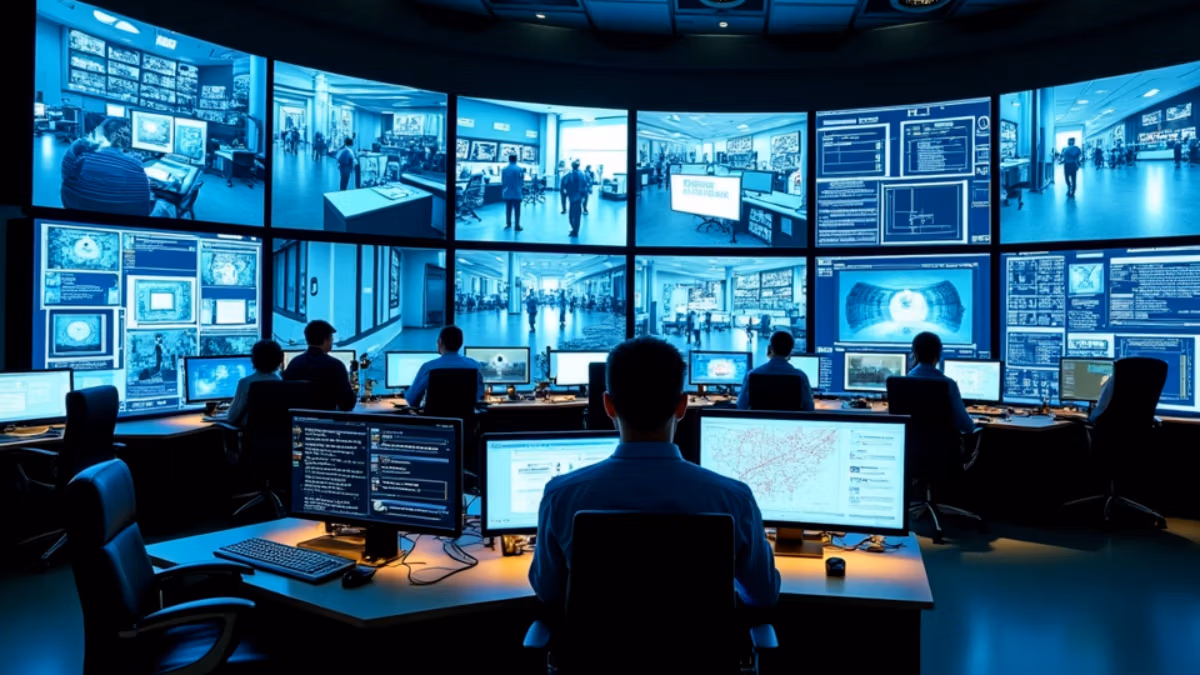 Ein hochmodernes Sicherheitsoperationszentrum mit mehreren Großbildschirmen, ergonomischen Arbeitsplätzen und professionell gekleideten Sicherheitsexperten, die in einem blau beleuchteten Kontrollraum Überwachungssysteme und Notfallprotokolle überwachen.